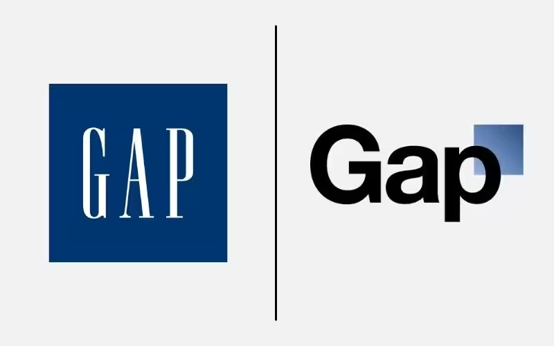 Gap logo rebrand - the iconic blue box logo (1986-2010) alongside the short-lived Helvetica redesign that lasted just six days